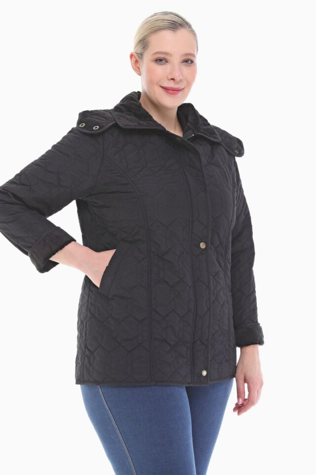 KAPÜŞONLU SİYAH 75 CM KAPİTONE MONT