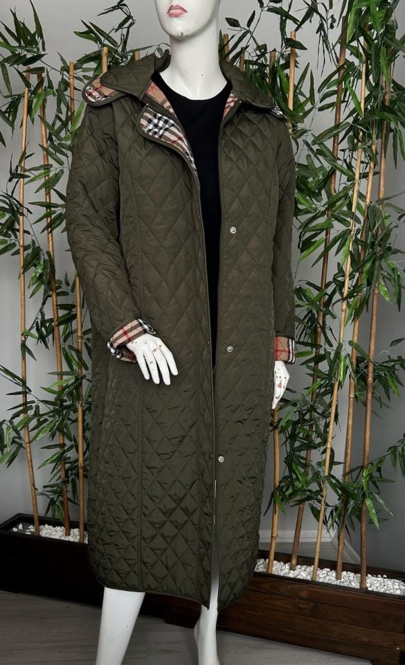 Vetre Kadın Büyük Beden Ekose 120 Cm Mevsimlik Haki Kapitone Mont 1042