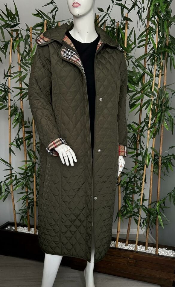 Vetre Kadın Büyük Beden Ekose 120 Cm Mevsimlik Haki Kapitone Mont 1042