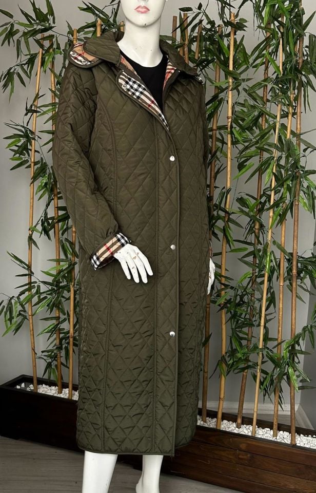 Vetre Kadın Büyük Beden Ekose 120 Cm Mevsimlik Haki Kapitone Mont 1042