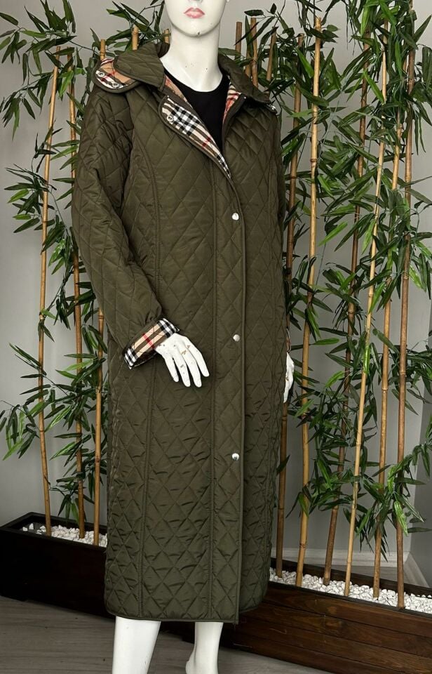 Vetre Kadın Büyük Beden Ekose 120 Cm Mevsimlik Haki Kapitone Mont 1042