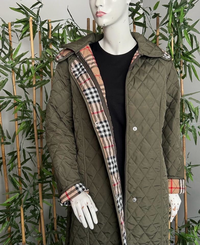 Vetre Kadın Büyük Beden Ekose 120 Cm Mevsimlik Haki Kapitone Mont 1042