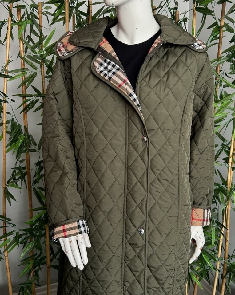 Vetre Kadın Büyük Beden Ekose 120 Cm Mevsimlik Haki Kapitone Mont 1042