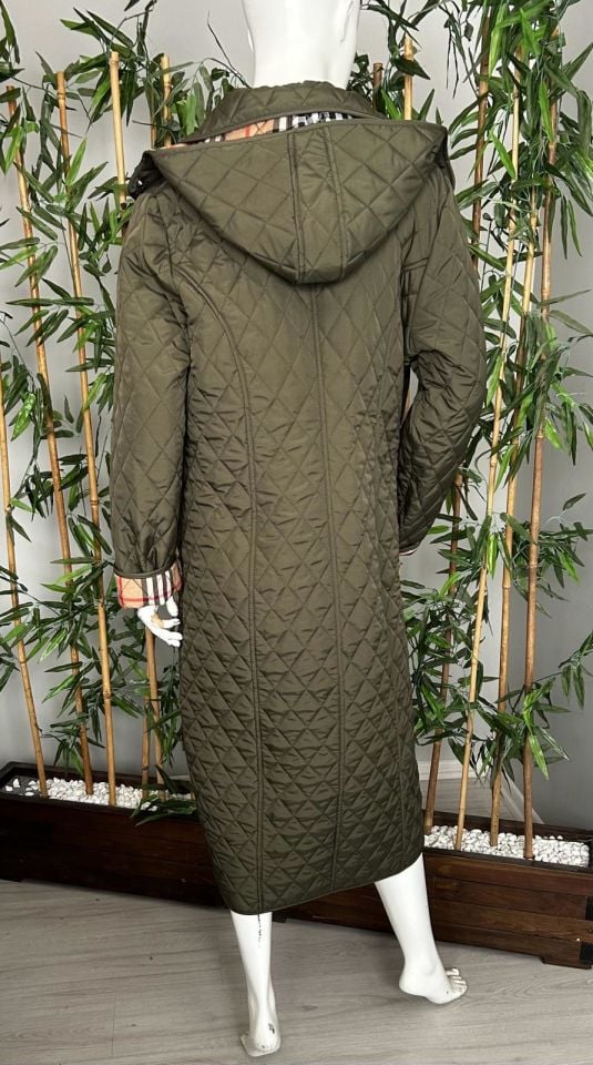 Vetre Kadın Büyük Beden Ekose 120 Cm Mevsimlik Haki Kapitone Mont 1042