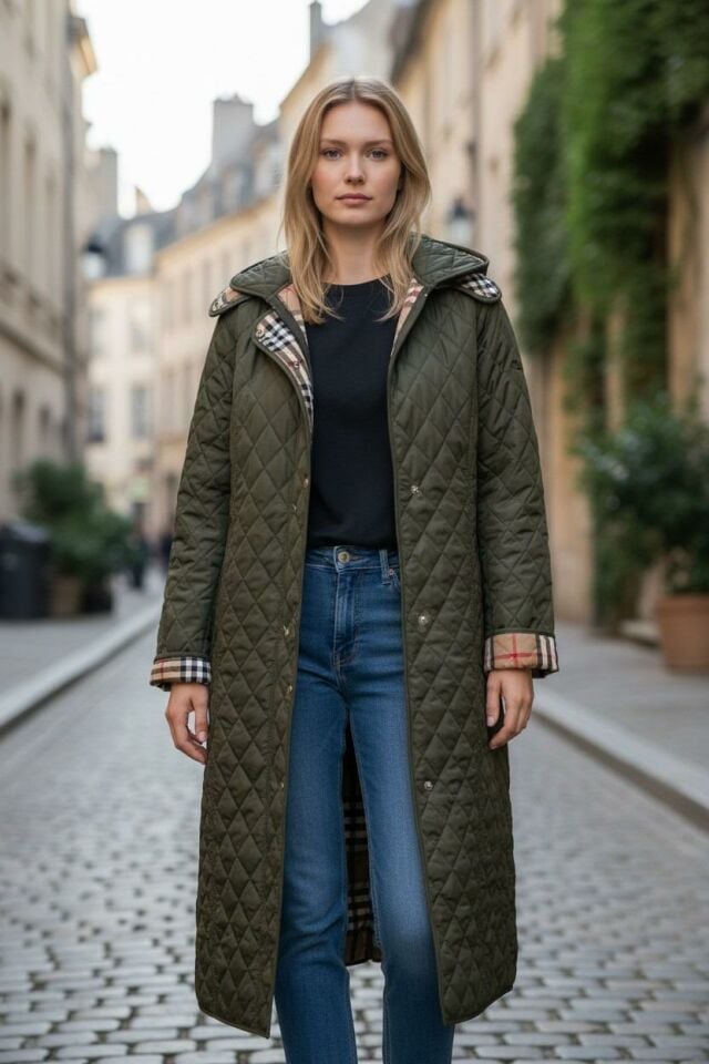 Vetre Kadın Büyük Beden Ekose 120 Cm Mevsimlik Haki Kapitone Mont 1042