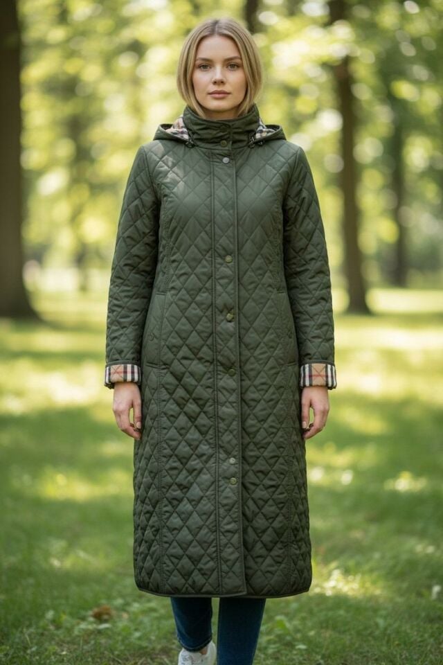 Vetre Kadın Büyük Beden Ekose 120 Cm Mevsimlik Haki Kapitone Mont 1042