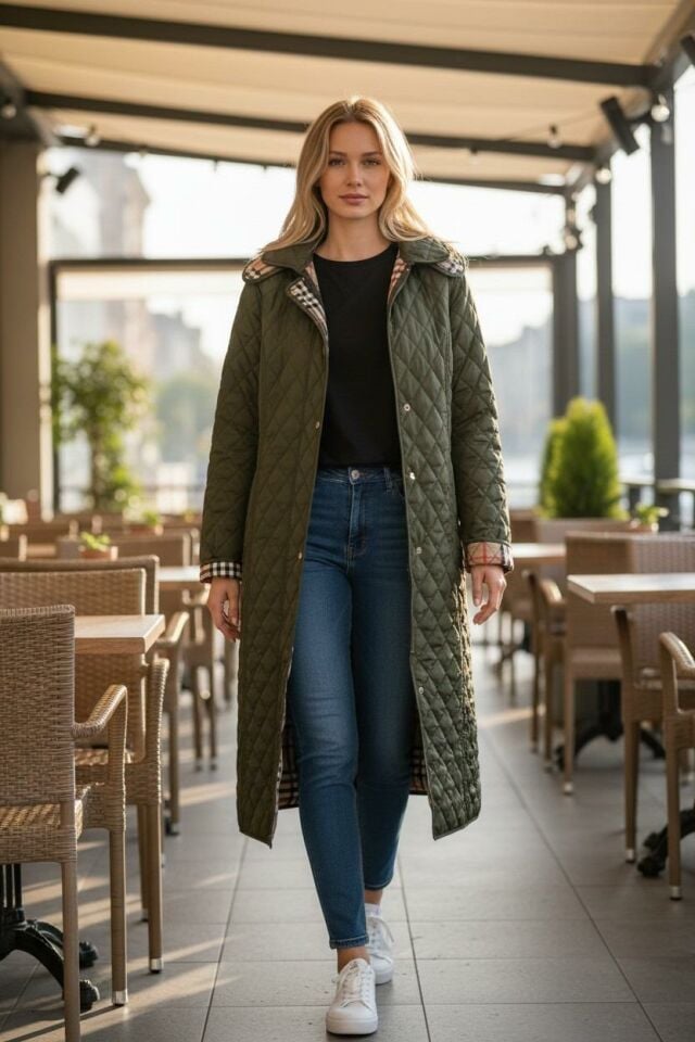 Vetre Kadın Büyük Beden Ekose 120 Cm Mevsimlik Haki Kapitone Mont 1042