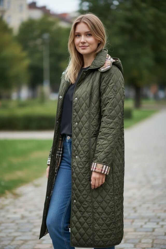 Vetre Kadın Büyük Beden Ekose 120 Cm Mevsimlik Haki Kapitone Mont 1042