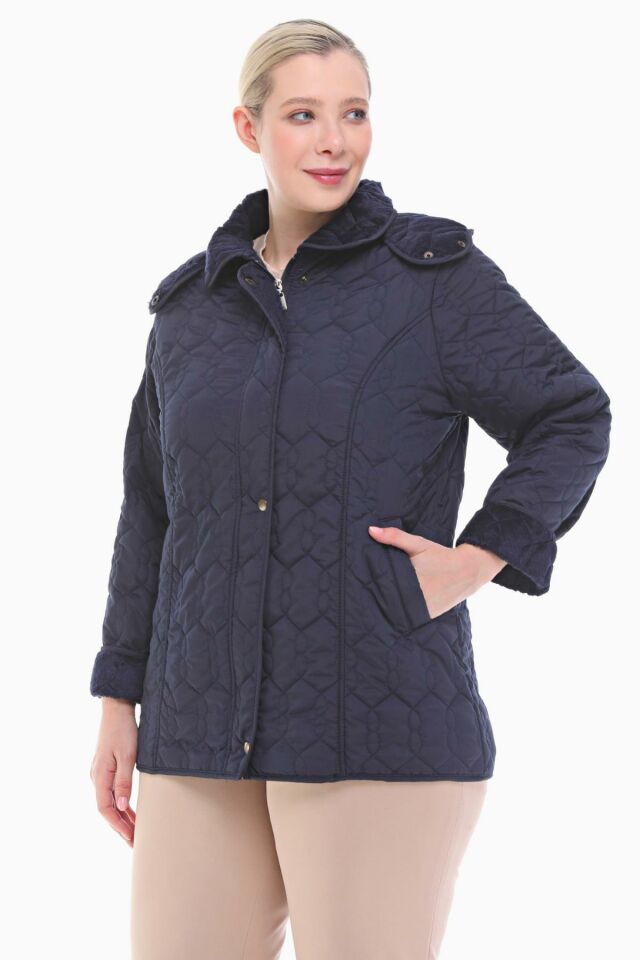 KAPÜŞONLU LACİVERT 75 CM KAPİTONE MONT