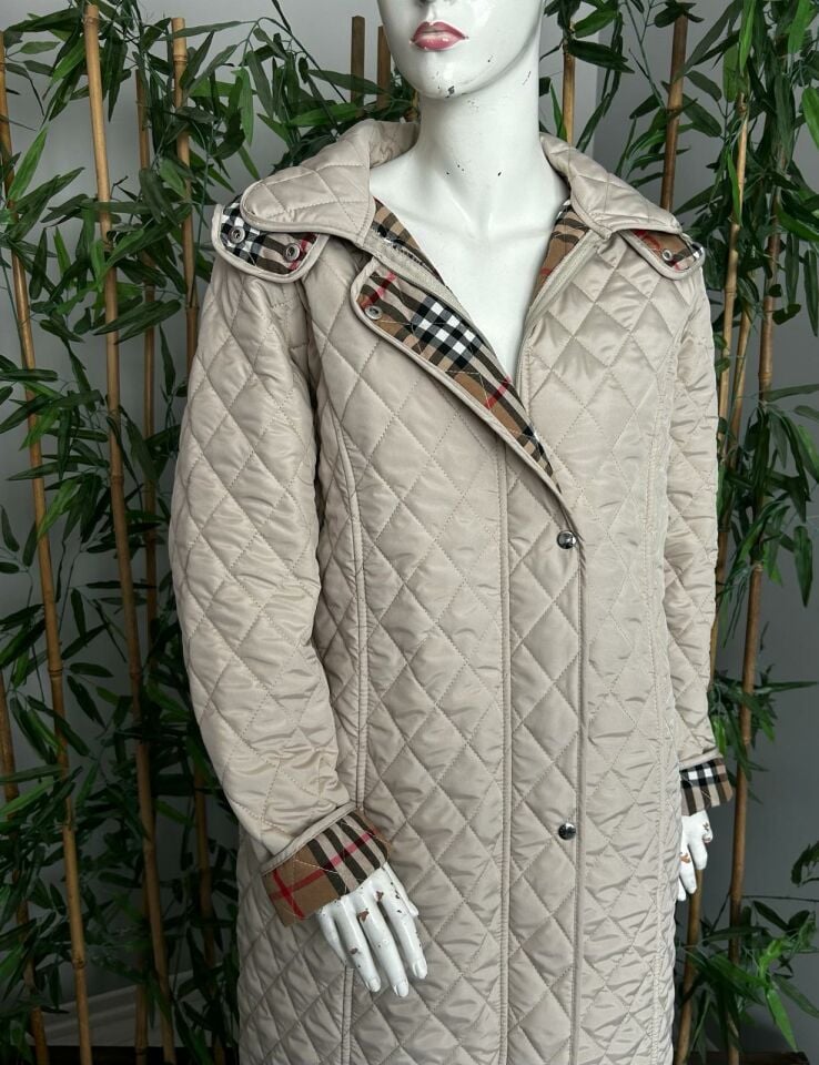 Vetre Kadın Büyük Beden Ekose 120 Cm Mevsimlik Açık Bej Kapitone Mont 1042