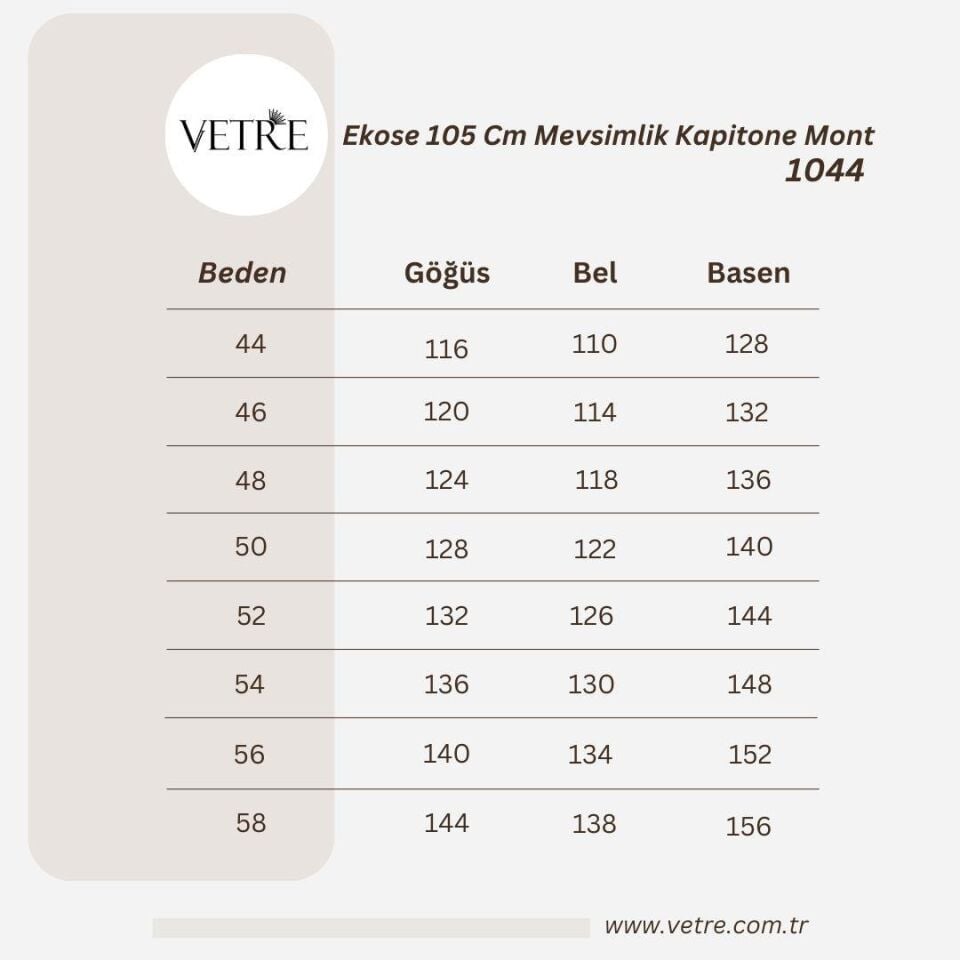 Vetre Kadın Büyük Beden Ekose 120 Cm Mevsimlik Açık Bej Kapitone Mont 1042