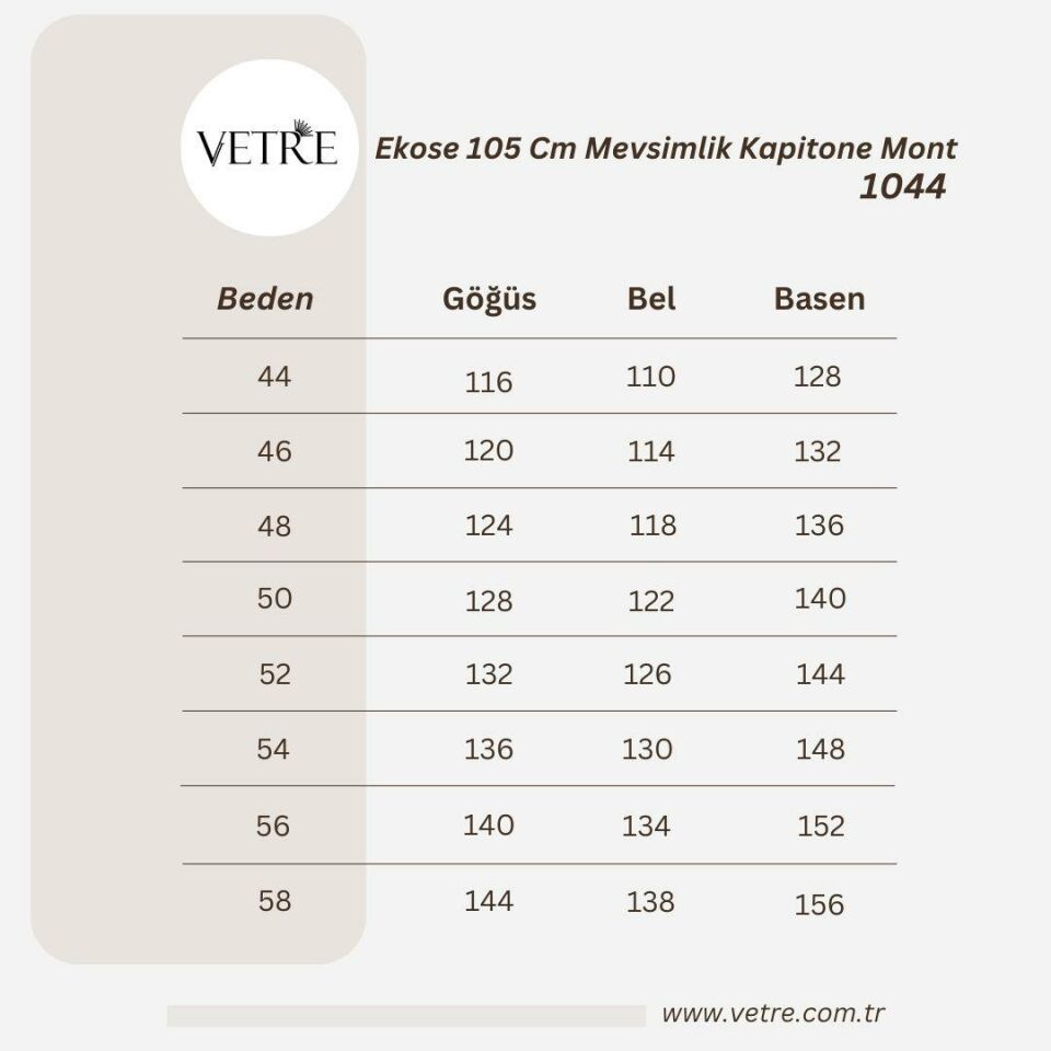 Vetre Kadın Büyük Beden Ekose 120 Cm Mevsimlik Açık Bej Kapitone Mont 1042