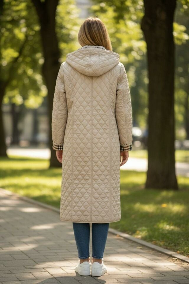 Vetre Kadın Büyük Beden Ekose 120 Cm Mevsimlik Açık Bej Kapitone Mont 1042