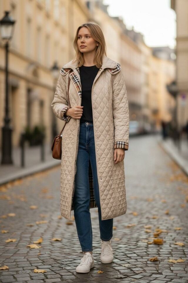 Vetre Kadın Büyük Beden Ekose 120 Cm Mevsimlik Açık Bej Kapitone Mont 1042