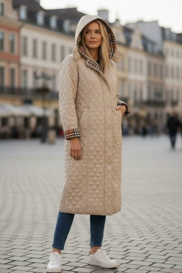 Vetre Kadın Büyük Beden Ekose 120 Cm Mevsimlik Açık Bej Kapitone Mont 1042