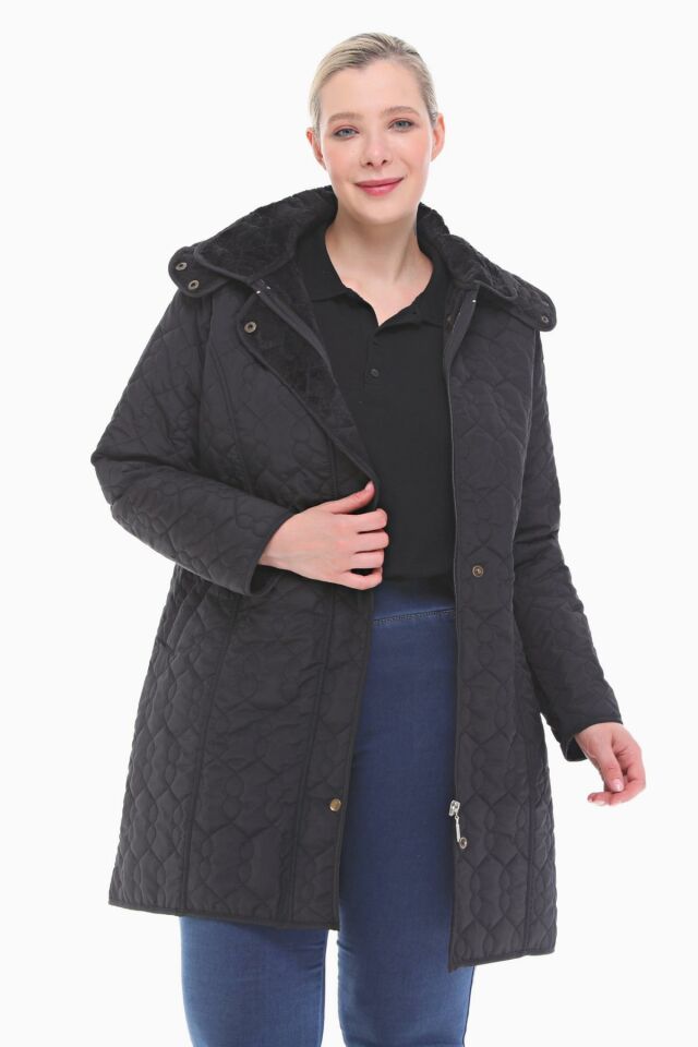 KAPÜŞONLU SİYAH 95 CM KAPİTONE MONT