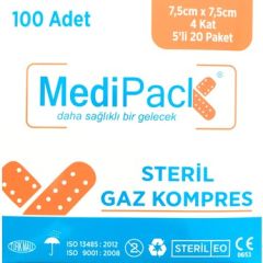 Steril Gaz Kompres (Gazlı Bez) 7,5x7,5cm 5'li 100'lük Paket- Medipack