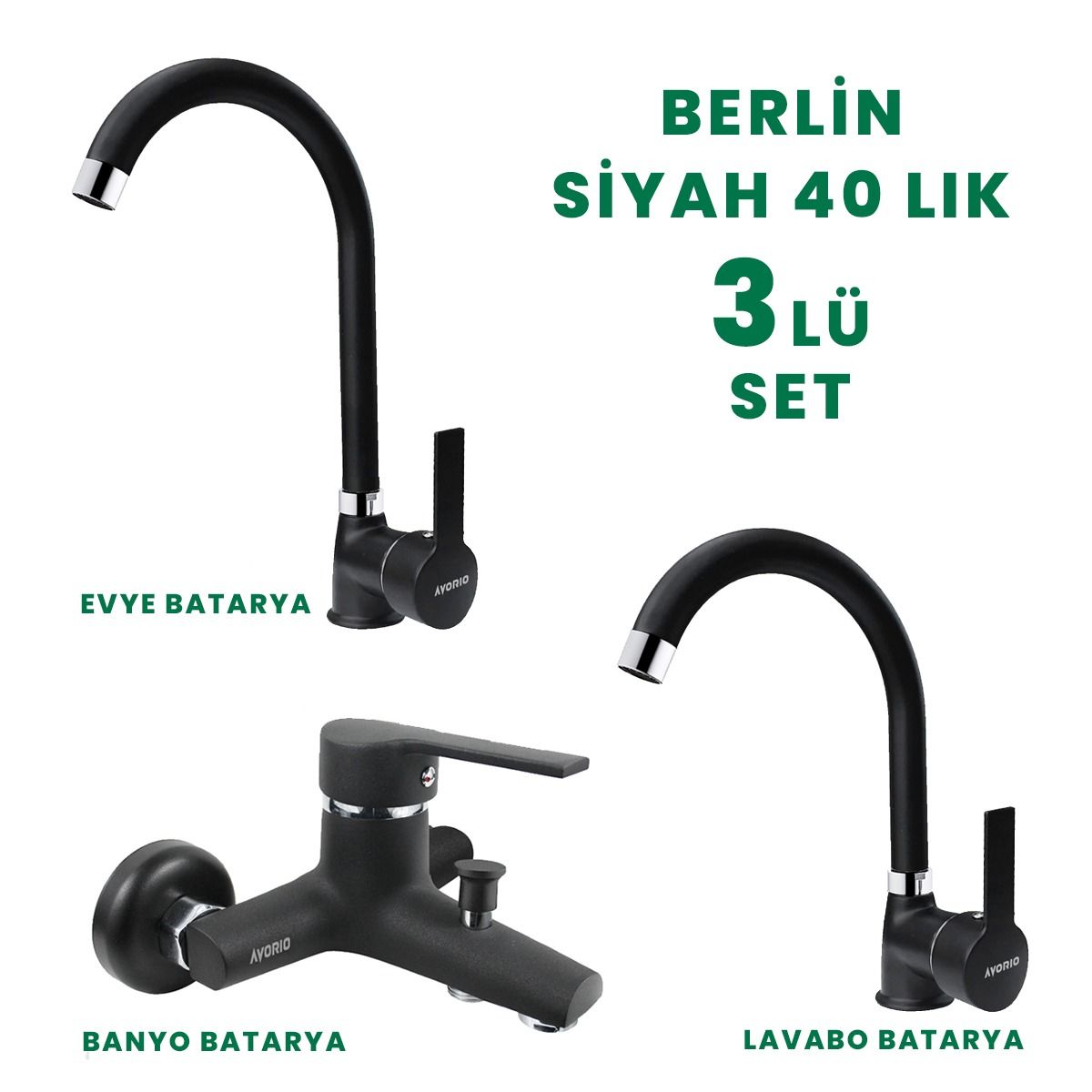 Berlin Siyah3 lü Batarya Seti (Banyo,Kuğu evye, Lavabo)