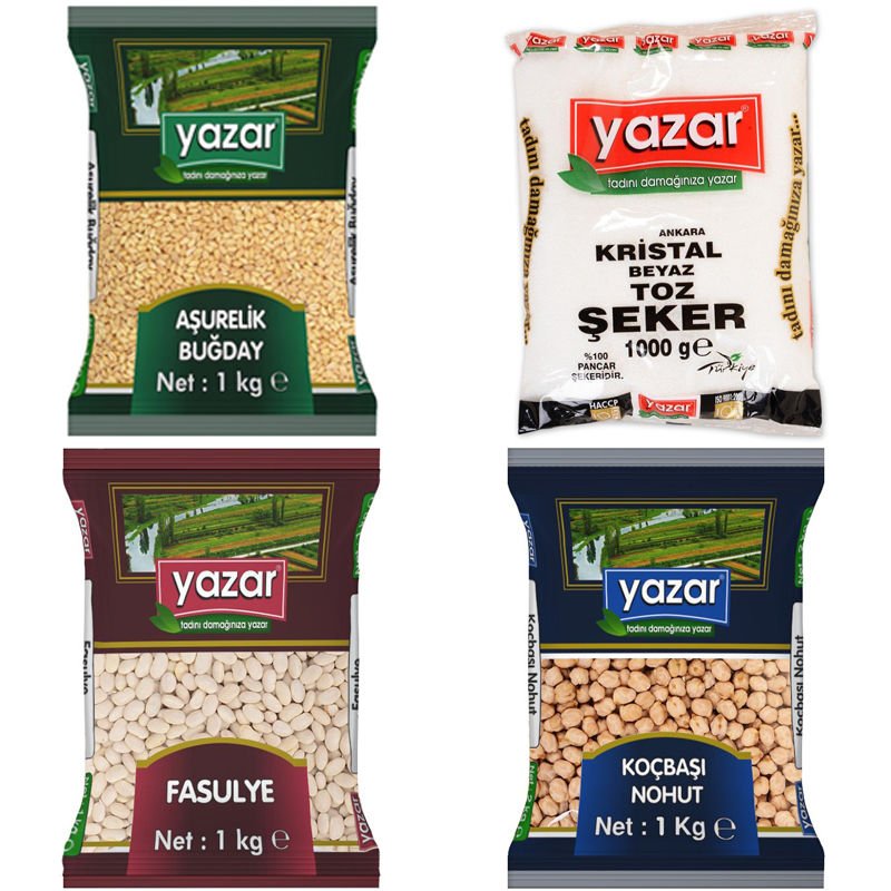 Yazar Aşure Paketi 1KG Fasulye+1KG Toz Şeker+1KG Nohut+1Kg Aşurelik Buğday