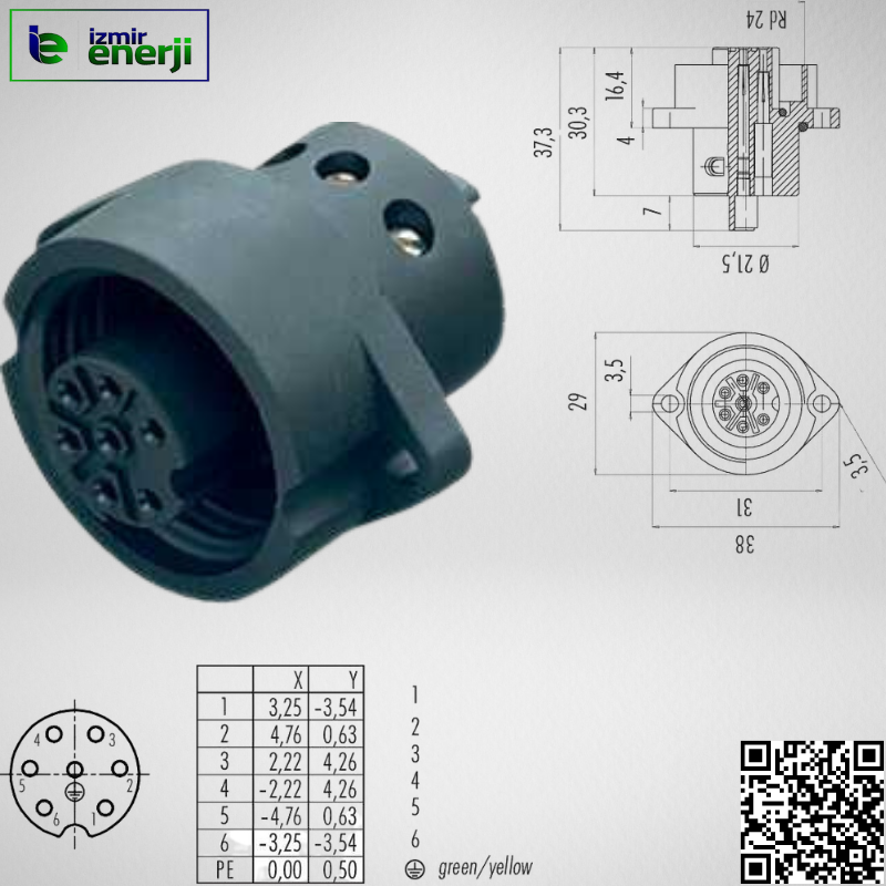 RD24 Flanş Soketi, 6 + PE, ekransız, Vidalı, IP67