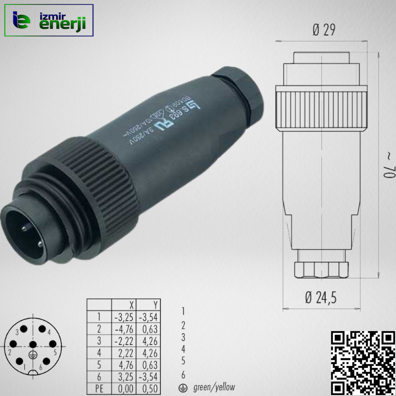 RD24 Kablo Konnektörü,6 + PE, ekransız, Vidalı, IP67