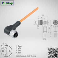 M12 4 Pın 90° Dişi 2mt PUR Kablolu Sensör Soketi