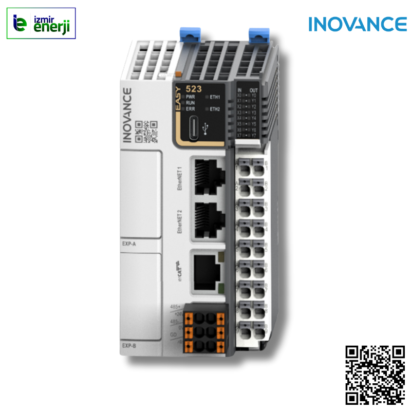 Easy523-0808TN Motion Controller,  8 giriş, 8 çıkış (NPN),  1x Ethercat (72 Slave), 2 Ethernet, Modbus TCP (32 Slave), 1x Ethernet/IP scanner/adapter, 1x RS485 desteği 2x RS232/485 genişletme desteği , Modbus RTU/ASC (16 Slave)