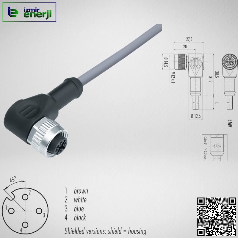 M12 4 Pın 90° 2mt Kablolu Sensör Soketi