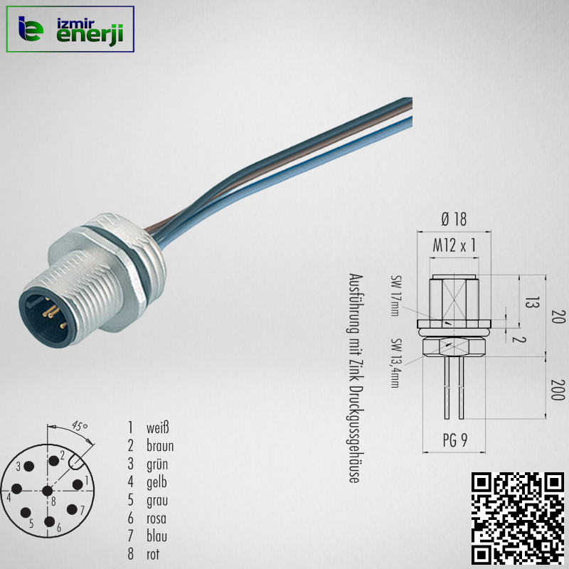 M12 8 Pin 20 Wire Panel Type Male Sensor Socket