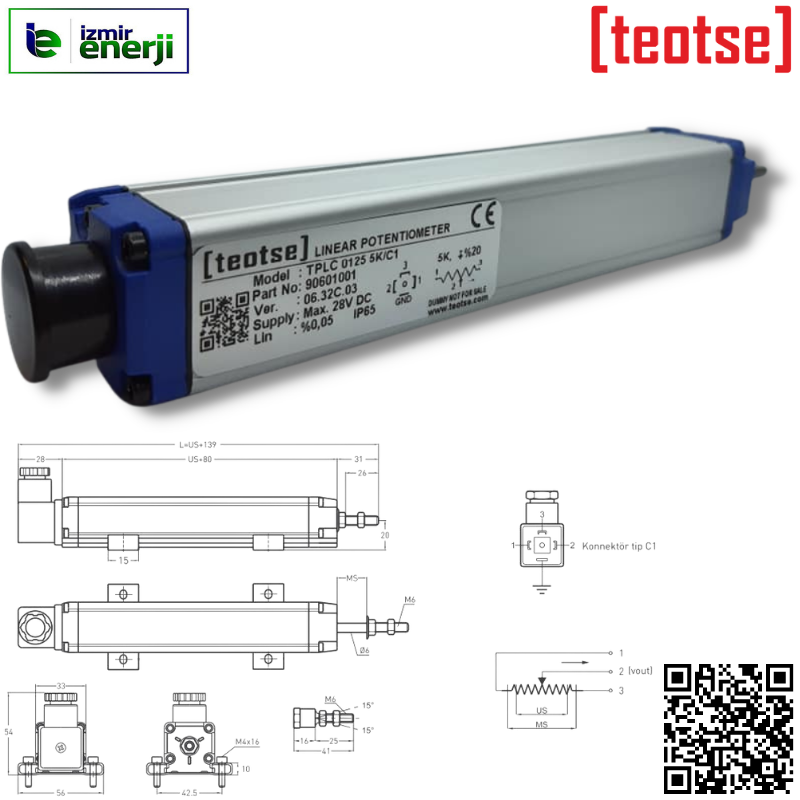 Piston Tip Lineer Cetveller 28 V DC Max. Girişi Çal. Boyu 30mm 5 kOhm