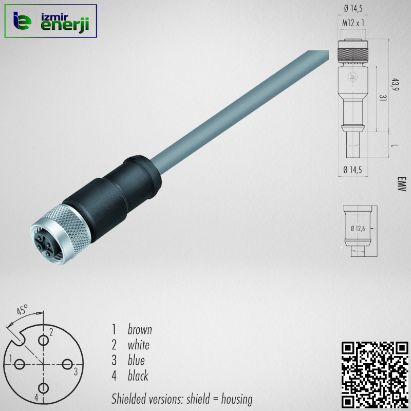 M12 4 Pin Straight Female Sensor Socket with 3mt Cable