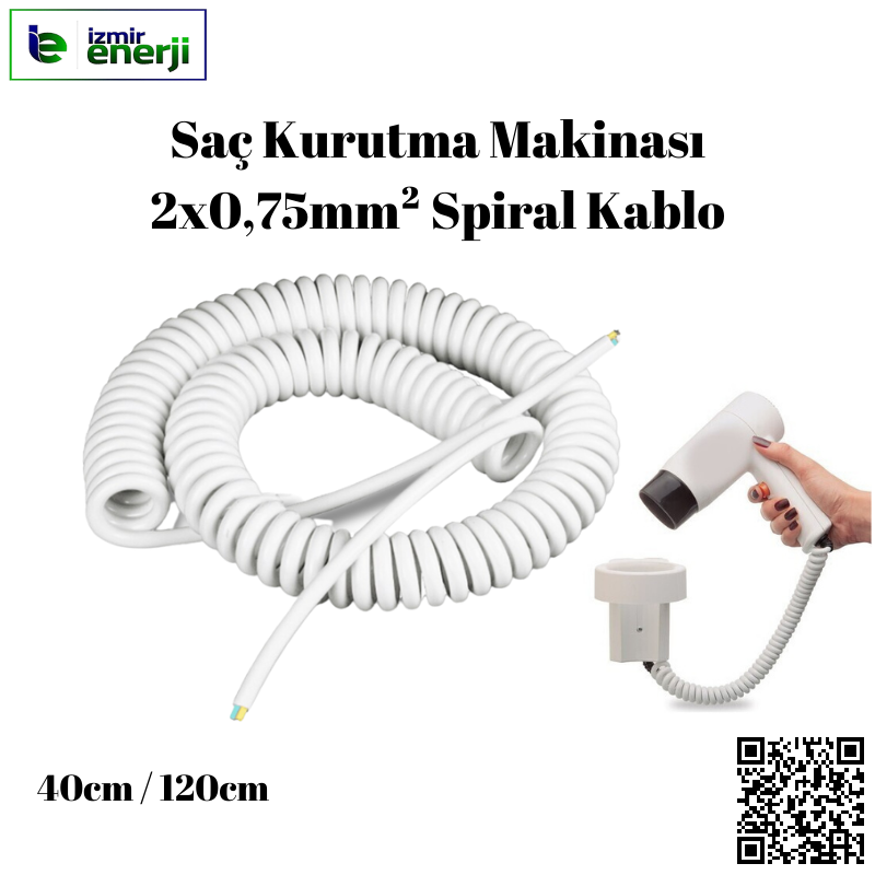 Saç Kurutma Makinası için Spiral Kablo 2 x 0,75mm² ( Beyaz ) Kapalı Hali : 35cm / Açılmış Hali : 100cm