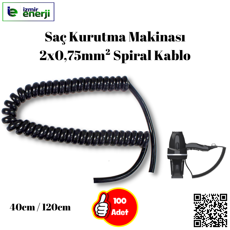 Saç Kurutma Makinası için Spiral Kablo 2 x 0,75mm² ( Siyah ) Kapalı Hali : 35cm / Açılmış Hali : 100cm ) 100 Adet sevk edilecek.