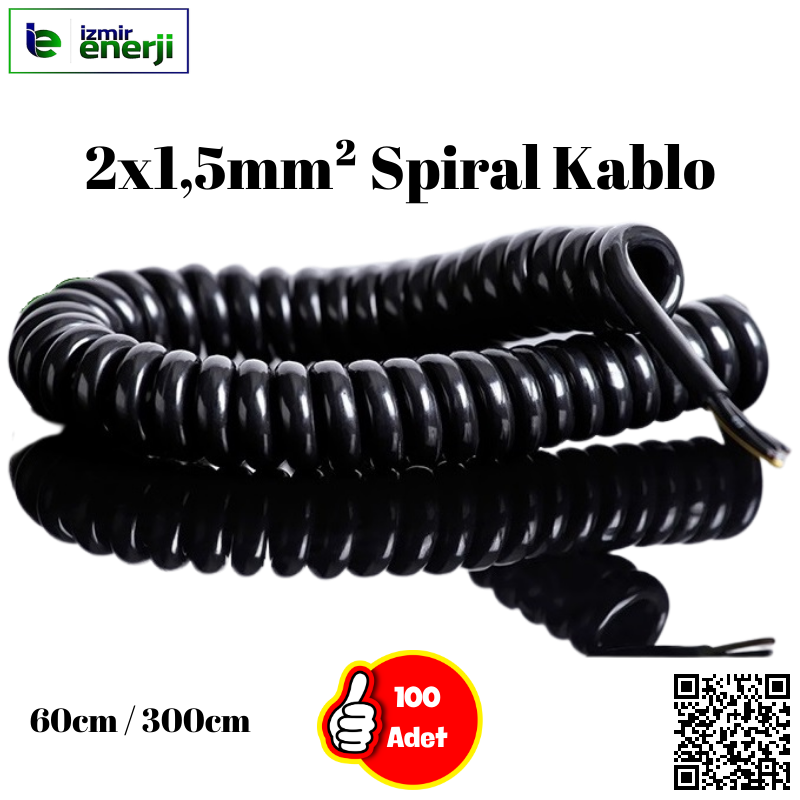 Soğuk Hava Dolapları için Spiral Kablo 2 x 1,5mm² ( Renk Siyah ) 3mt  Kablolu / ( 100 Adet Olarak Sevk Edilecek )