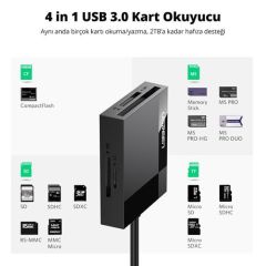 UGREEN 30333 CR125 4 in 1 USB 3.0 SD/TF Kart Okuyucu 5Gbps Hızlı Veri Aktarımı 4 Kart, Tek Okuyucu