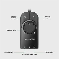 UGREEN 40964 CM129 Harici USB Ses Kartı Kablolu 15cm Kumanda Paneli OTG Desteği Geniş Uyumluluk