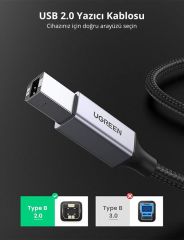 UGREEN 80802 US369 USB-A to USB-B 2.0 Örgülü Yazıcı Kablosu 1.5metre