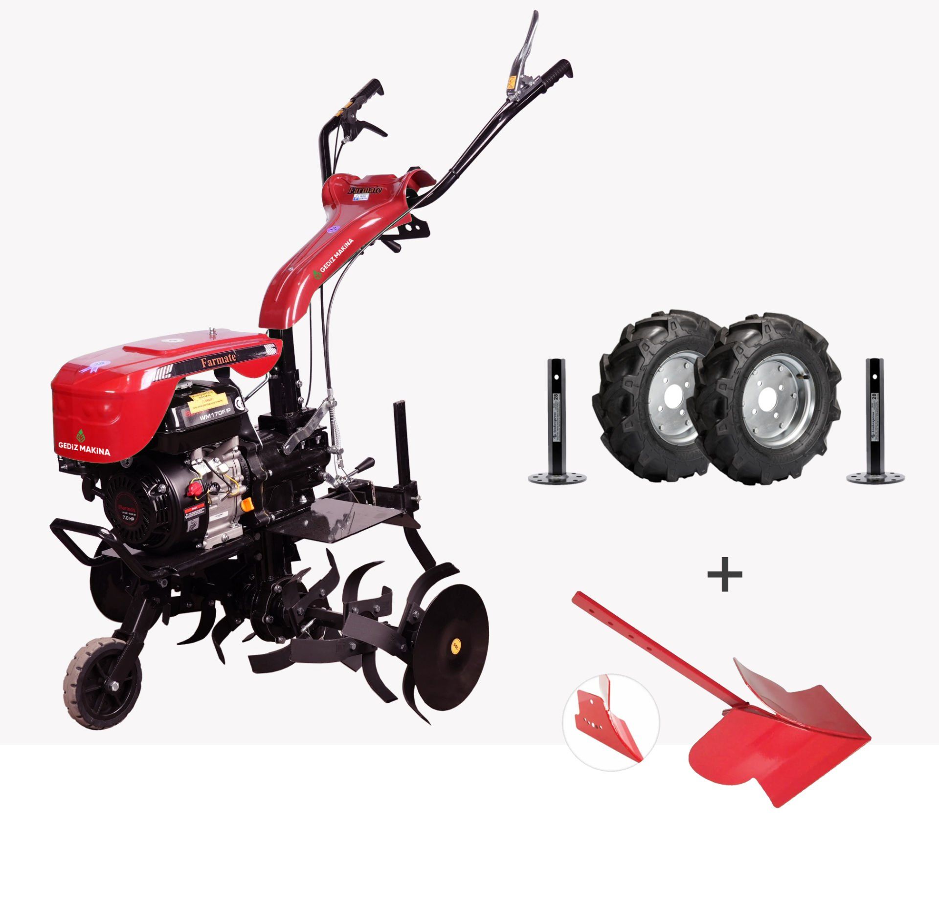 Farmate 3+1 Benzinli Çapa Makinesi 7HP Şanzımanlı Tekerlek + Çiftli Pulluk