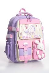 Roxbros Kore Tarzı Unicorn Figürlü Çok Bölmeli Ilkokul Sırt Çantası, Kız Çocuk Okul Çantası (LILA - PEMBE)