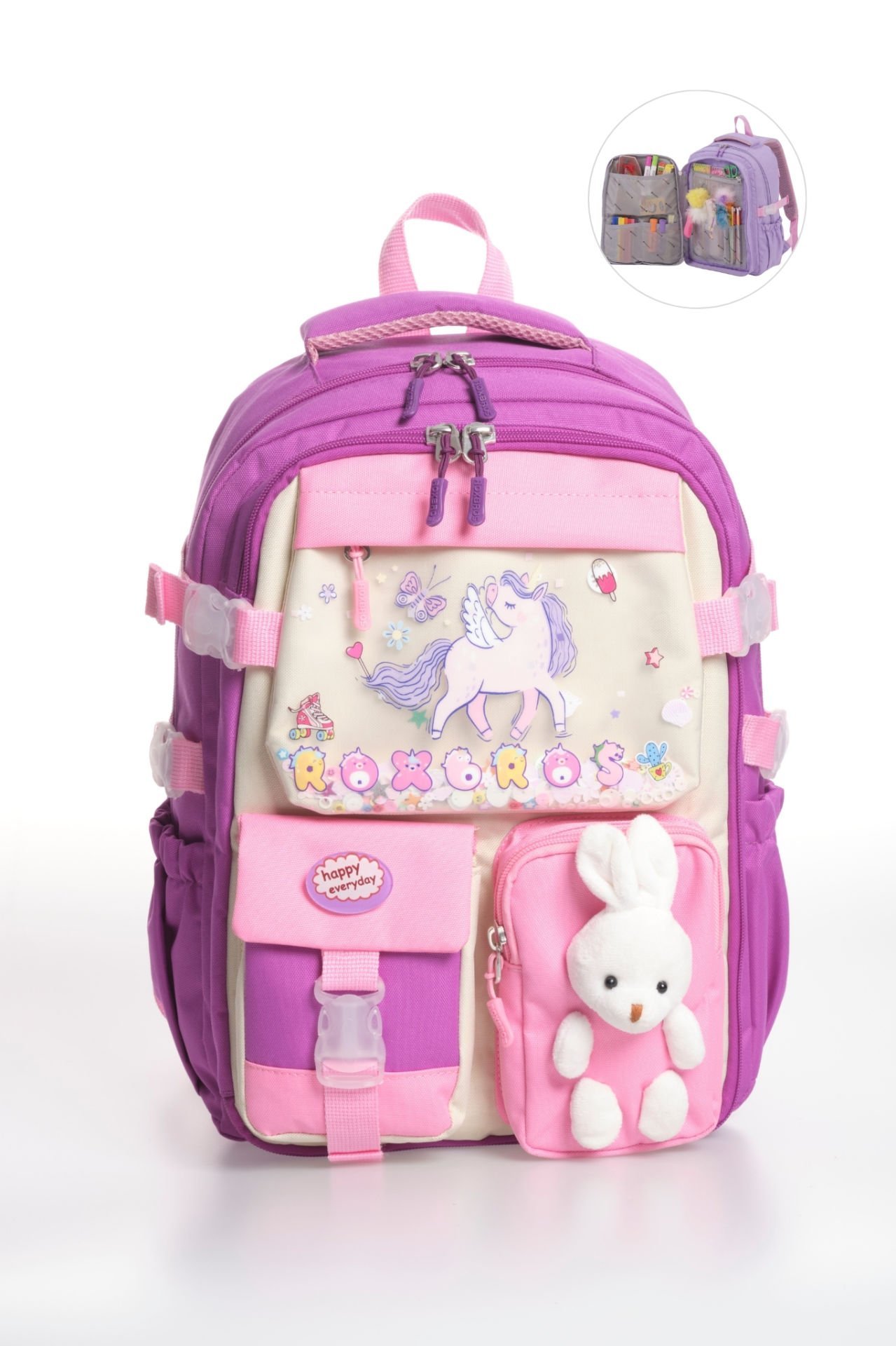 Roxbros Kore Tarzı Unicorn Figürlü Çok Bölmeli Ilkokul Sırt Çantası, Kız Çocuk Okul Çantası (MOR - PEMBE)