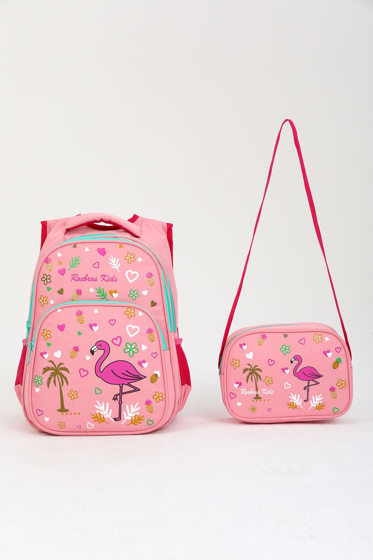 Roxbros Pembe Flamingo Ilkokul Çantası + Beslenme Çantası Kız Çocuk