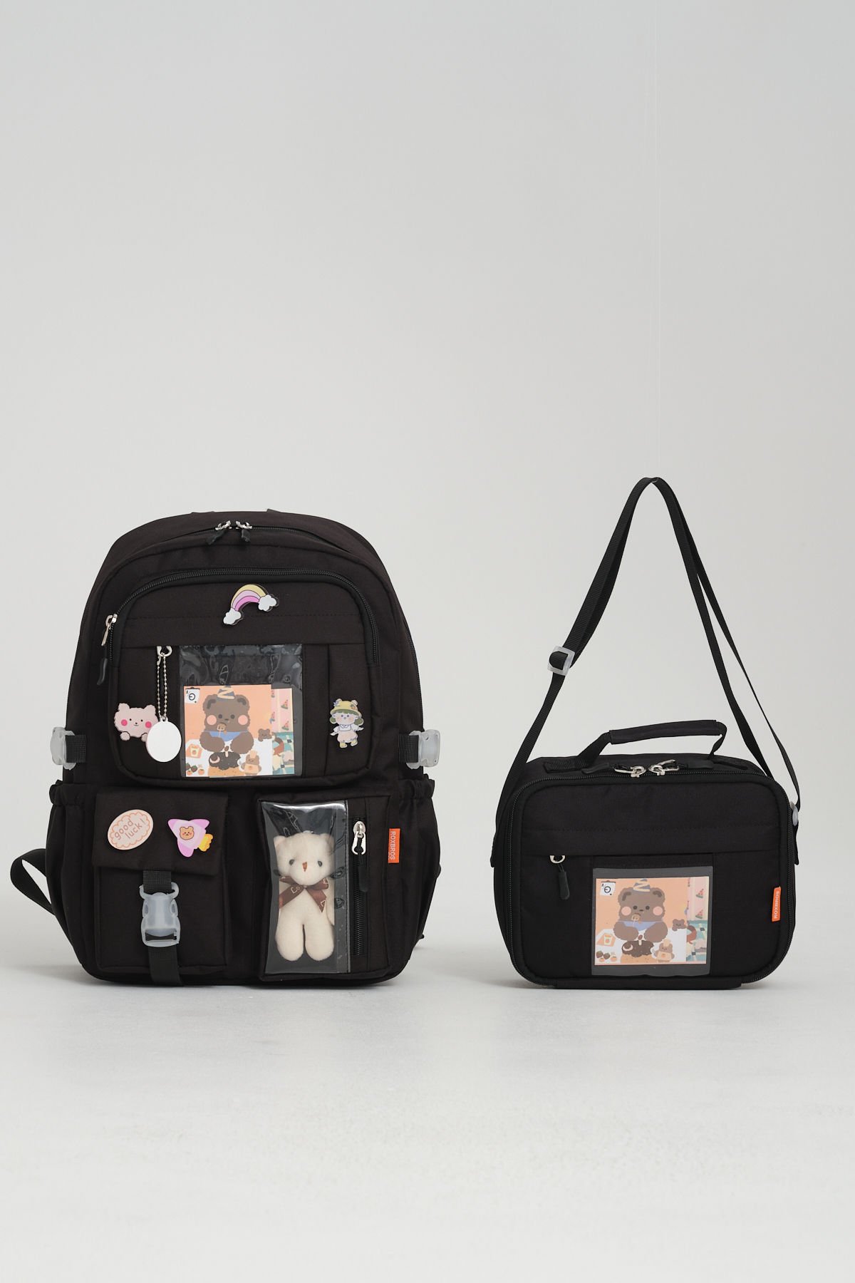 Roxbros Kawaii Kore Tarzı Aksesuarlı Ilkokul Sırt Çantası Kız Ve Isı Yalıtımlı Termoslu Beslenme Çantası Set