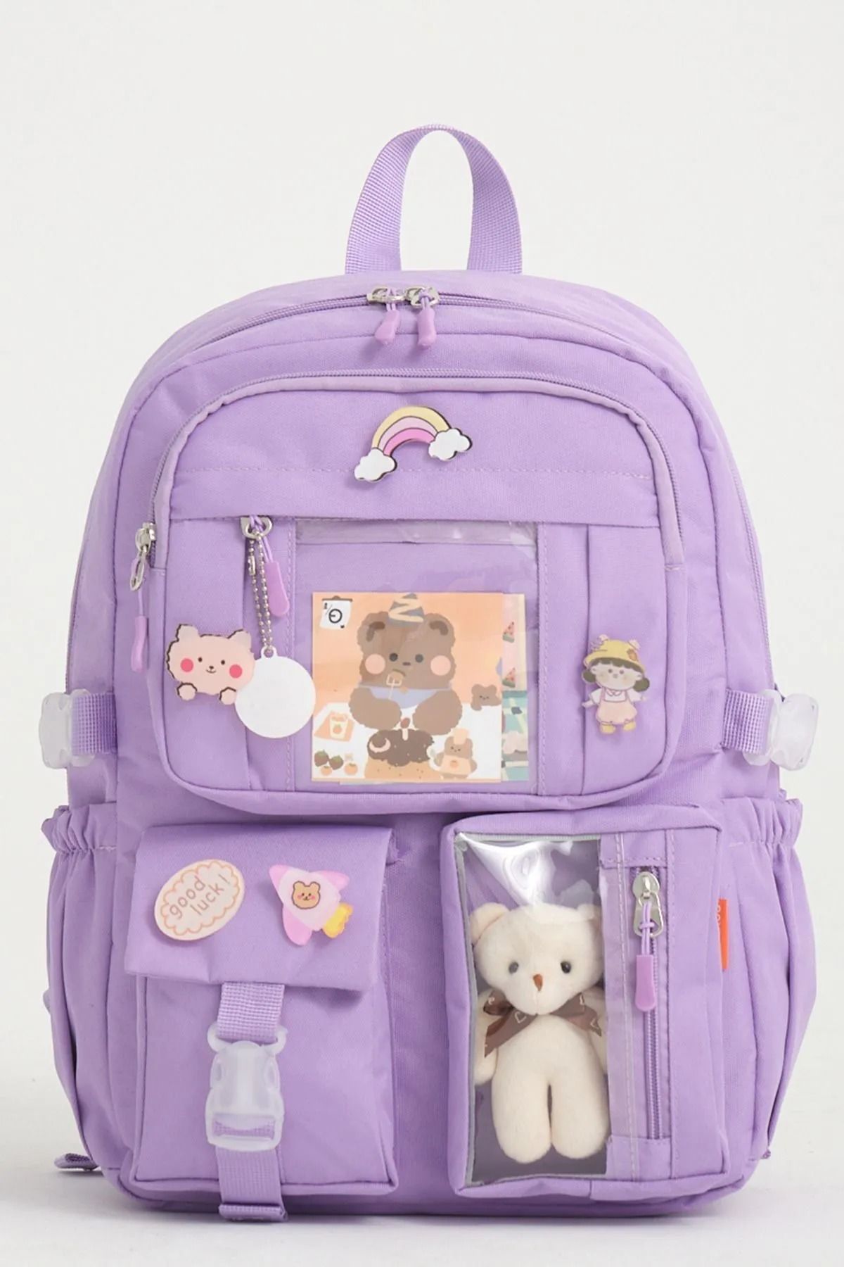 Roxbros Kawaii Kore Tarzı Okul Çantası Aksesuarlı Kız Çocuk ve Erkek Çocuk Sırt Çantası LİLA