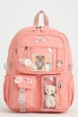 Roxbros Kawaii Kore Tarzı Okul Çantası Aksesuarlı Kız Çocuk ve Erkek Çocuk Sırt Çantası PUDRA
