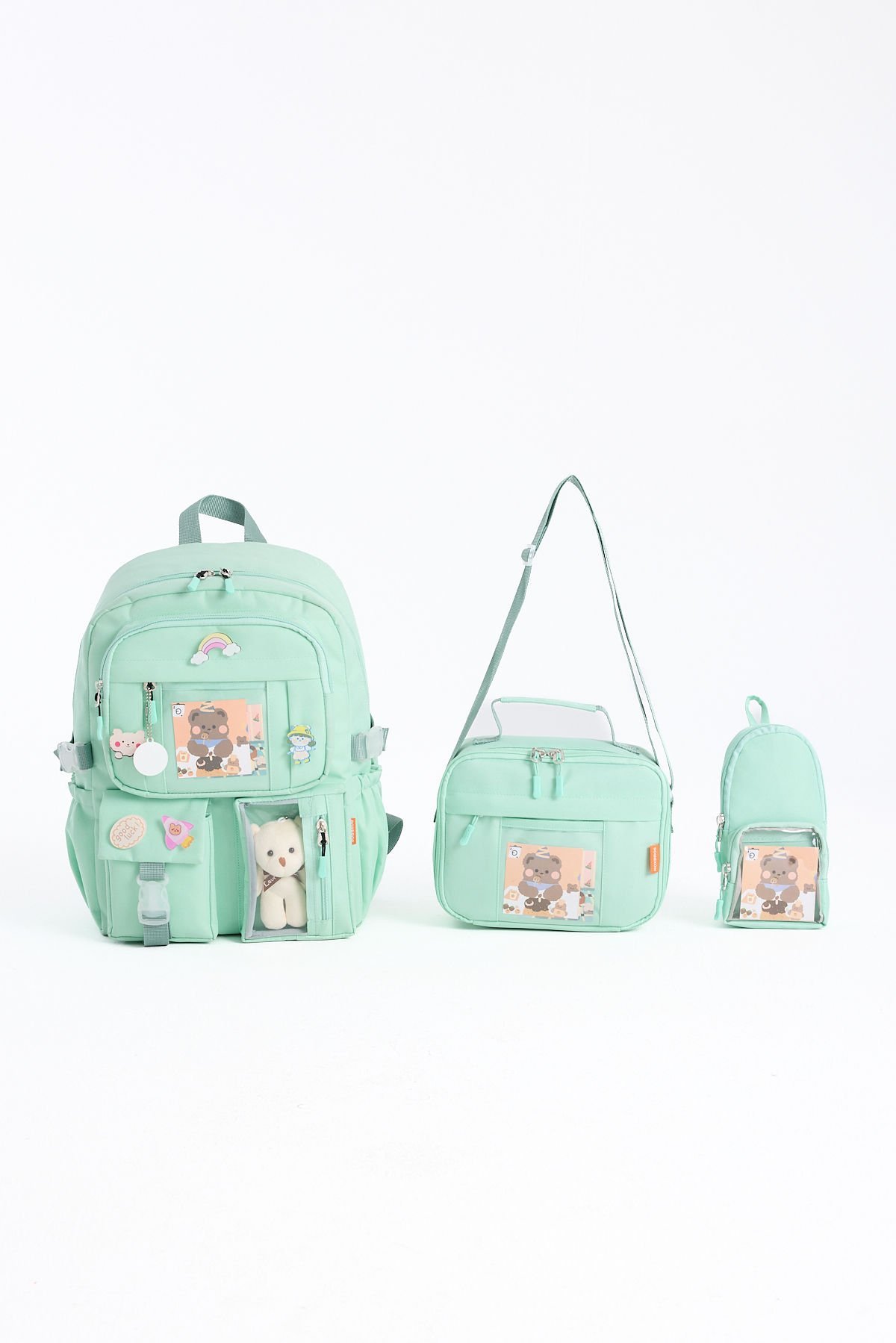 Roxbros Kawaii Kore Tarzı Aksesuarlı 3'lü Set Çocuk İlkokul Çantası Kalemlikli Beslenme Çantalı Sırt Çantası (SU YESILI)