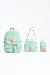 Roxbros Kawaii Kore Tarzı Aksesuarlı 3'lü Set Çocuk İlkokul Çantası Kalemlikli Beslenme Çantalı Sırt Çantası (SU YESILI)