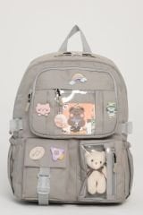 Roxbros Kawaii Kore Tarzı Aksesuarlı 3'lü Set Çocuk İlkokul Çantası Kalemlikli Beslenme Çantalı Sırt Çantası (GRI)