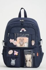 Roxbros Kawaii Kore Tarzı Aksesuarlı 3'lü Set Çocuk İlkokul Çantası Kalemlikli Beslenme Çantalı Sırt Çantası (LACIVERT)