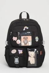 Roxbros Kawaii Kore Tarzı Aksesuarlı 3'lü Set Çocuk İlkokul Çantası Kalemlikli Beslenme Çantalı Sırt Çantası (SIYAH)