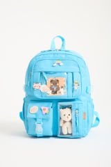 Roxbros Kawaii Kore Tarzı Okul Çantası Aksesuarlı Kız Çocuk ve Erkek Çocuk Sırt Çantası MAVİ